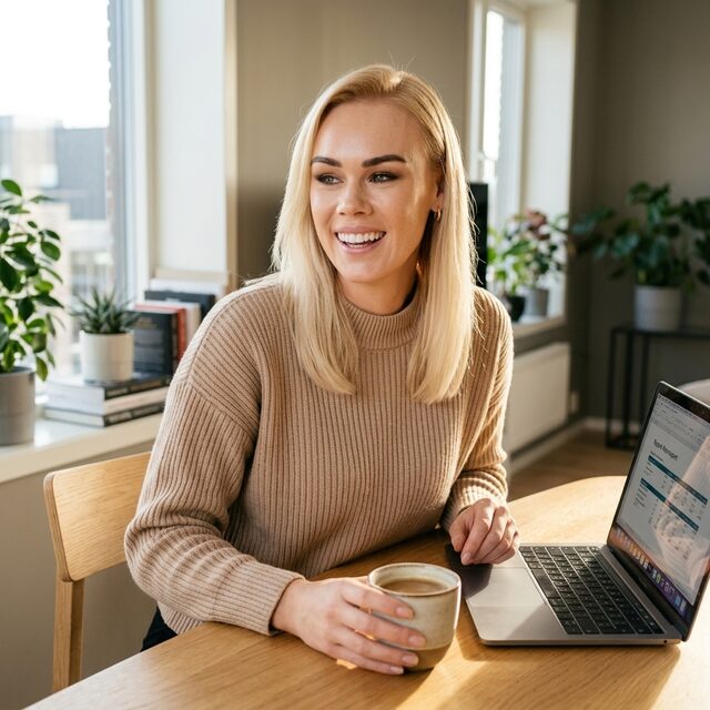 Sarah, your host, with a coffee at her table