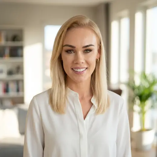 Sarah Greenwood, smiling, in a bright room with bookshelves, tall windows and a plant behind her